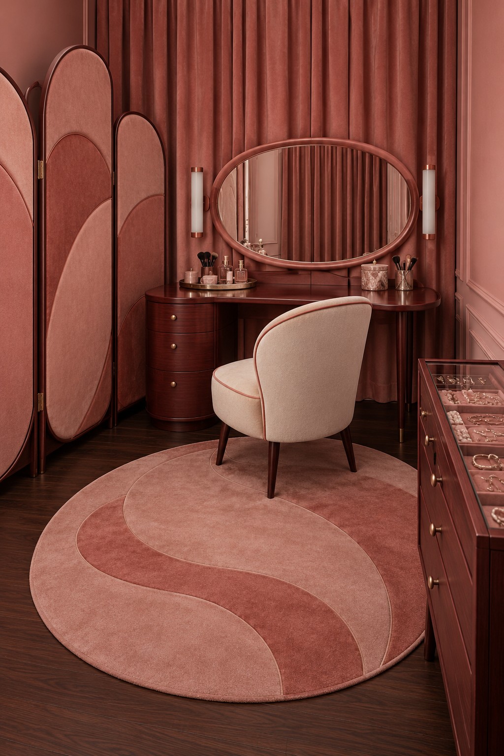 Terracotta vanity room with an oval mirror, curved folding screen, round rug, and cream chair