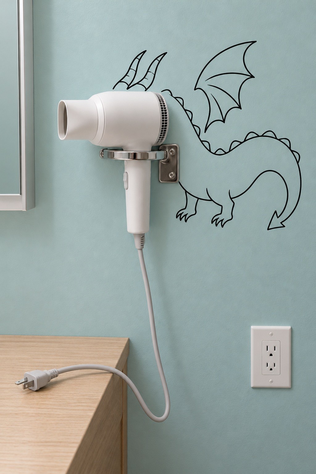 Unplugged white hair dryer in a metal holder forming a dragon head beside a dry wooden dressing table