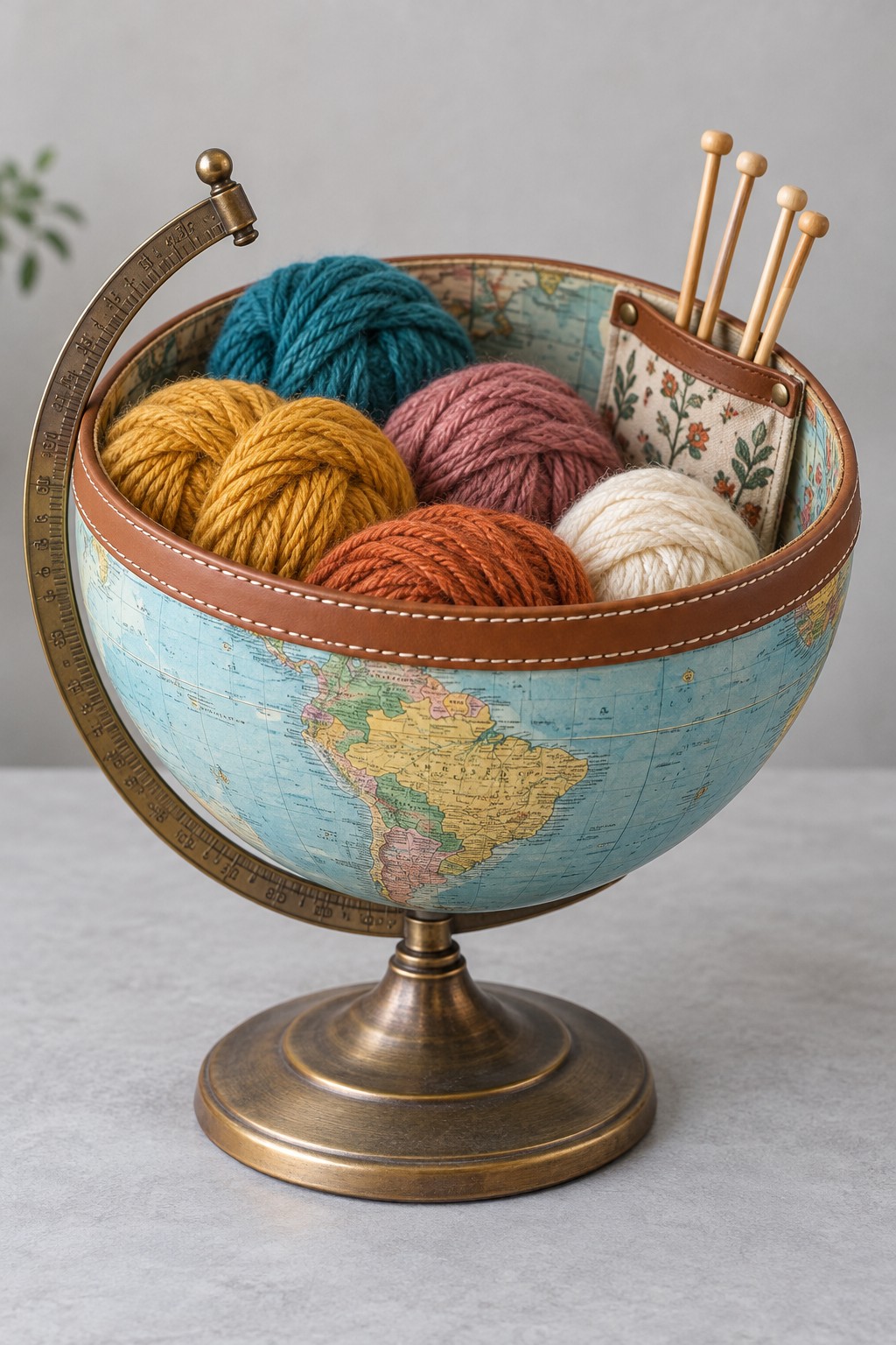 Lower half of an old globe on its brass stand lined with floral fabric and holding colorful yarn balls and knitting needles