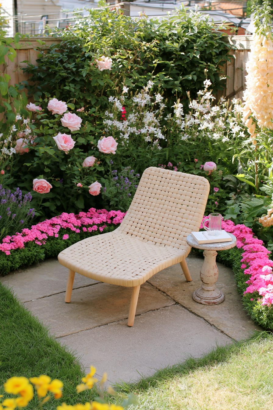 Woven lounge chair and small pedestal table on paving among roses and purple flowers
