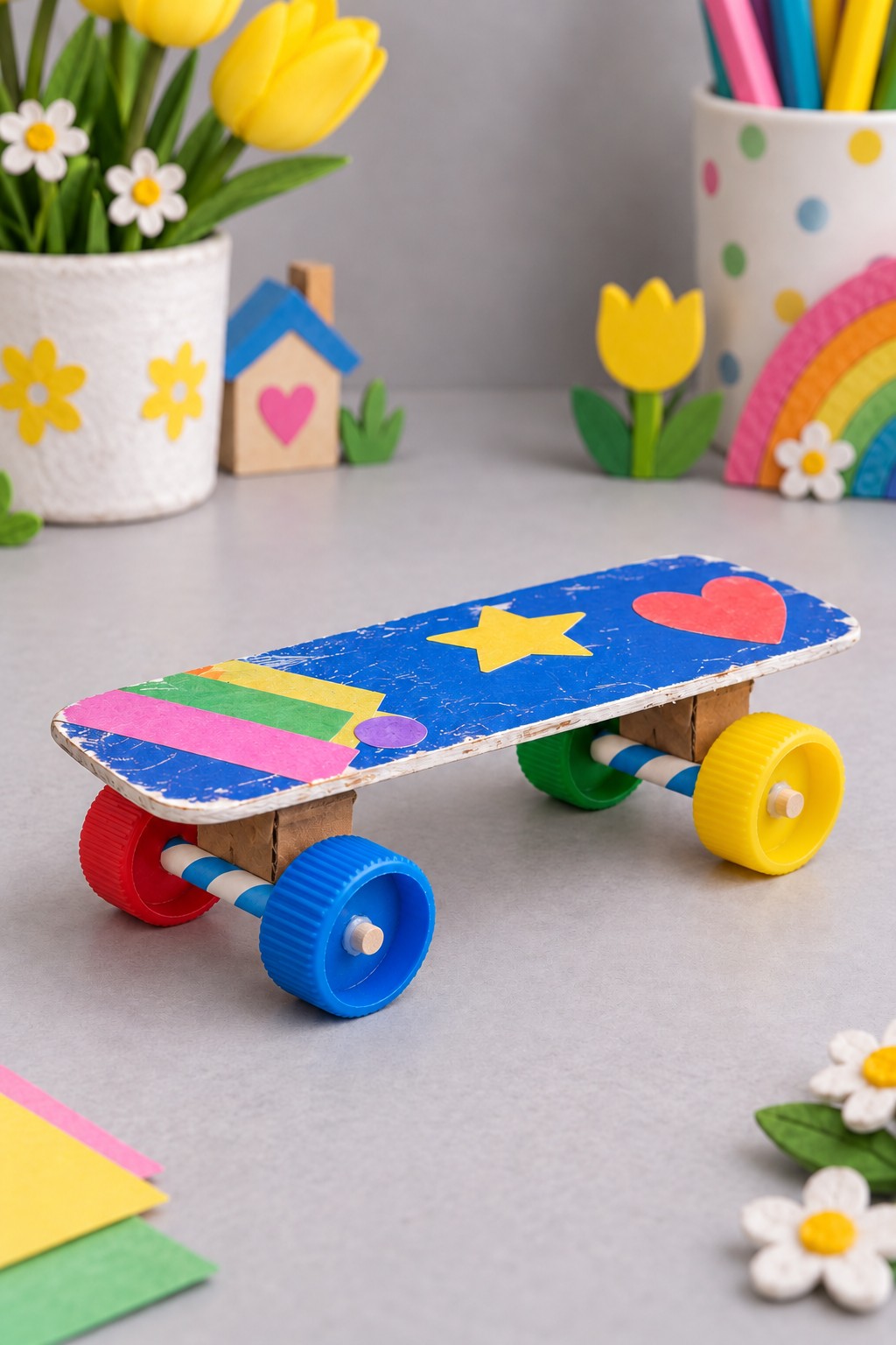 Blue miniature cardboard skateboard with paper star and heart decorations and four colorful bottle cap wheels