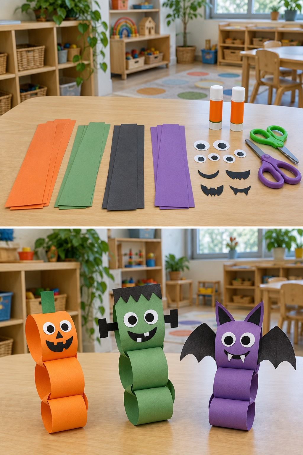 Colored paper strips above stacked paper loop pumpkin, green monster and purple bat characters