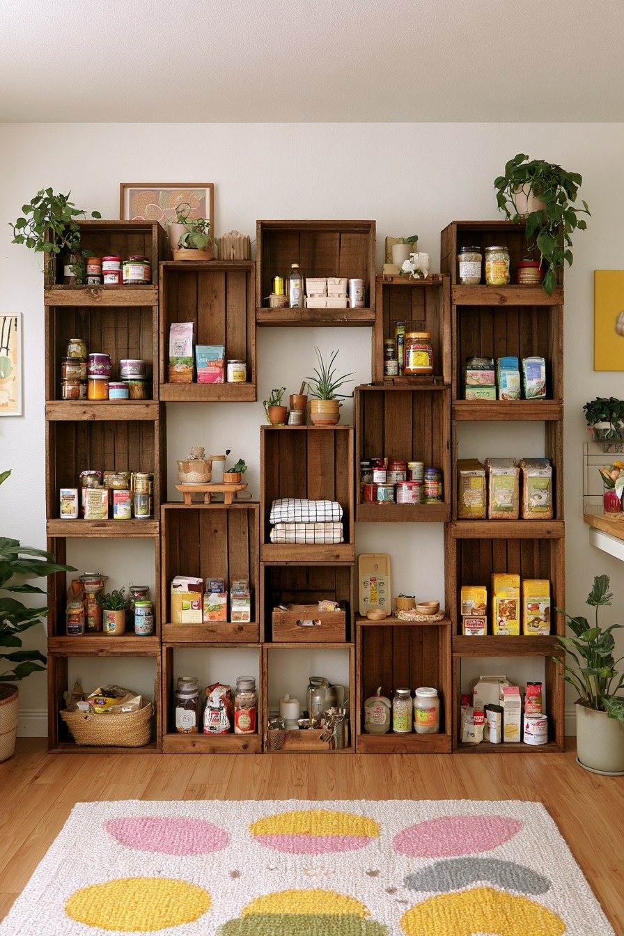 Pantry wall with wooden crate shelves for jars and packaged food