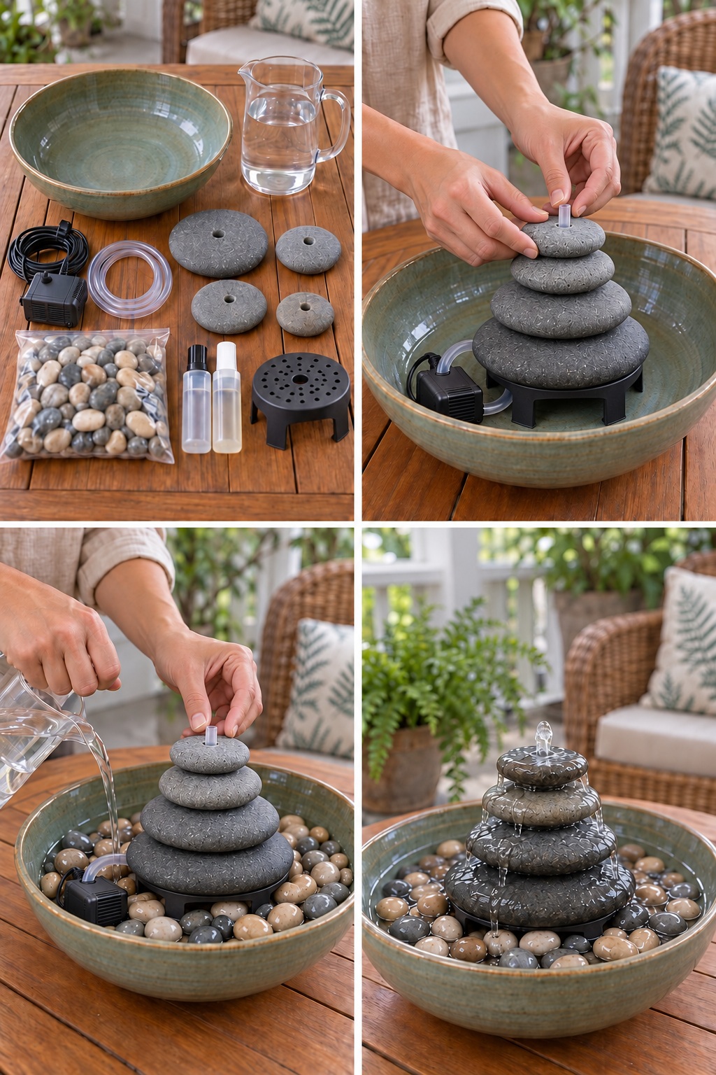 Four panels showing a fountain platform, a separate accessible pump, and four touching stone layers supported independently of the water hose