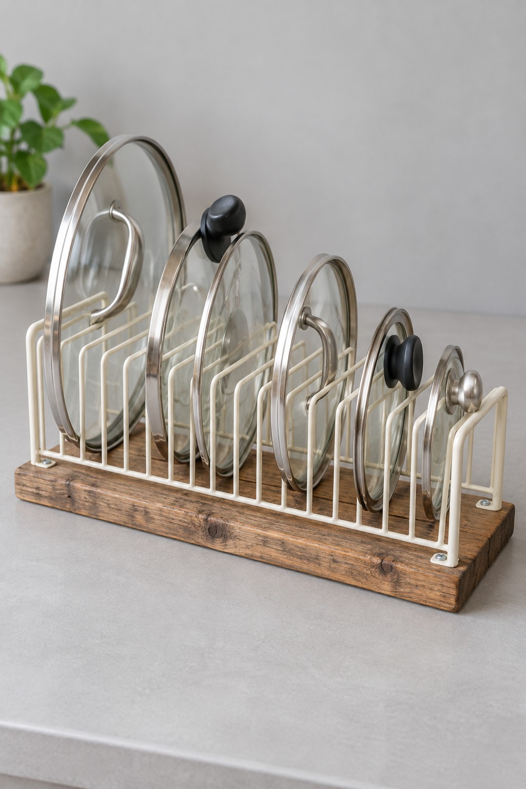 Reused white wire CD rack fixed to a wooden base holding several upright saucepan lids in graduated sizes