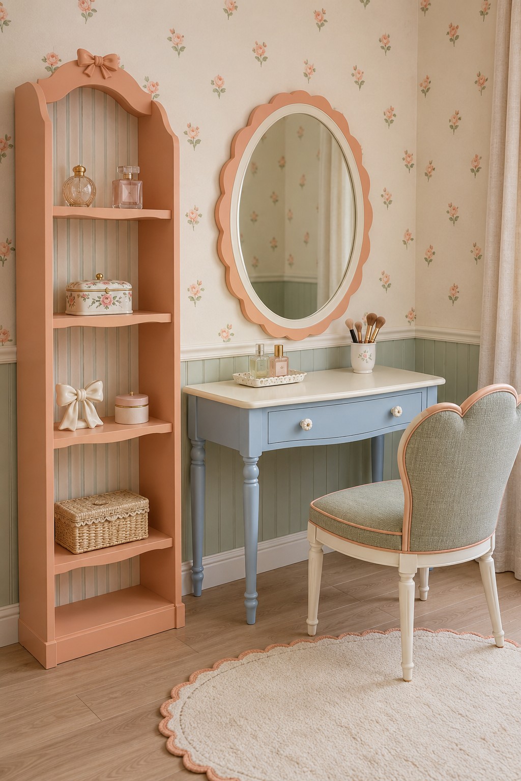 Apricot bottle shelves beside a peach vanity, floral mirror recess, woven chair, and abstract peach rug