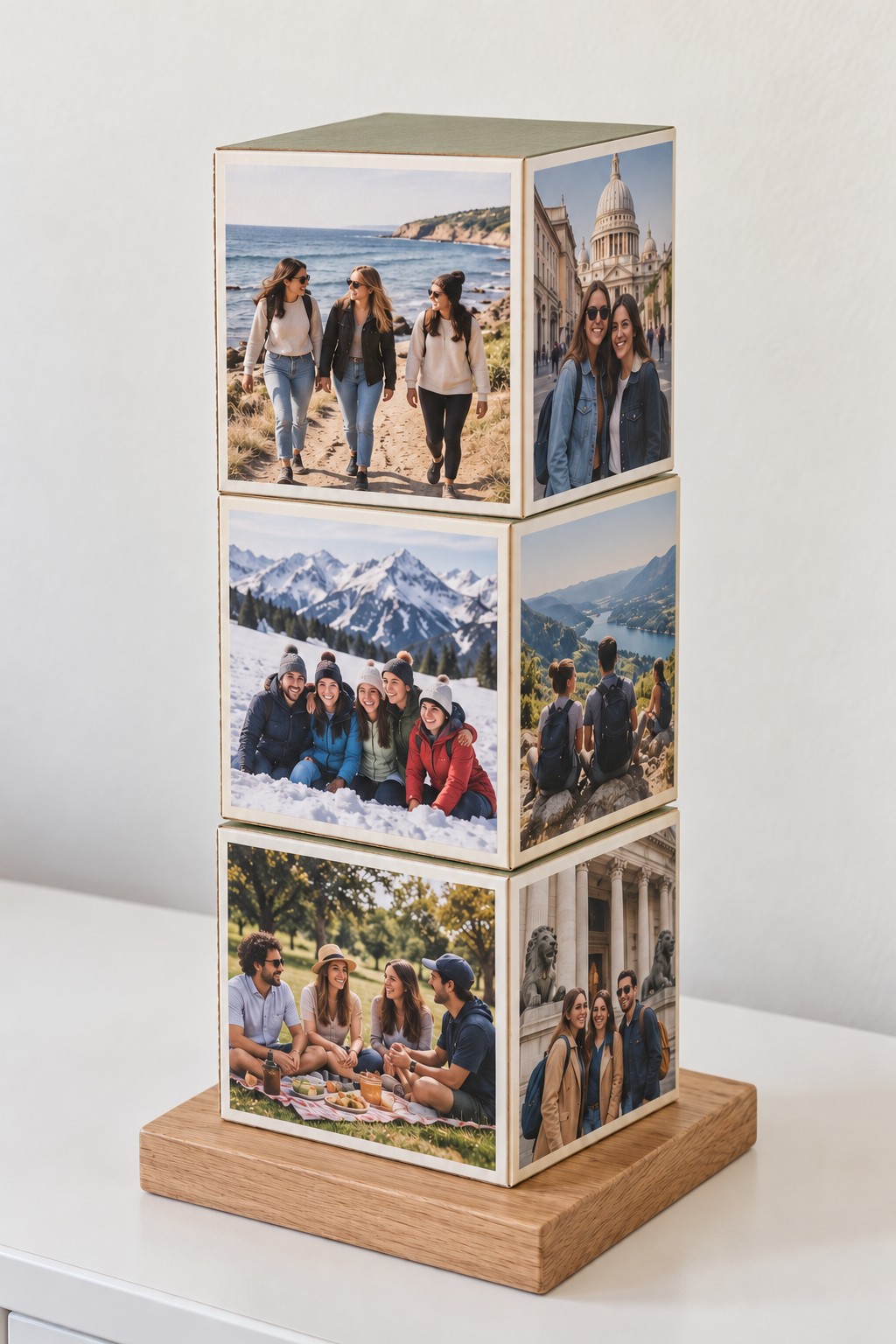 Three stacked photo cubes on a broad wooden plinth with travel pictures around the sides
