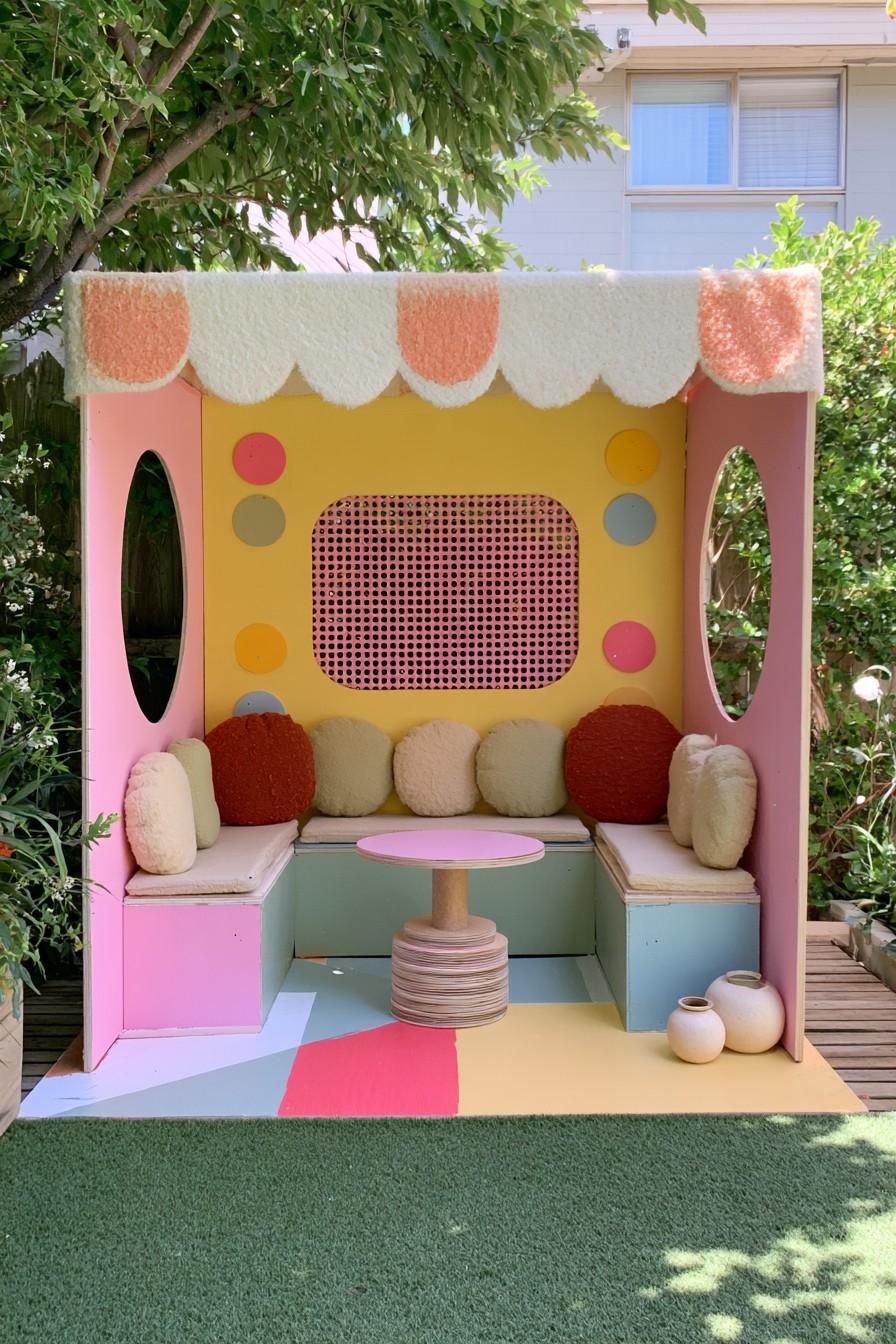 Pink and yellow retro lounge with oval side openings and a small pedestal table