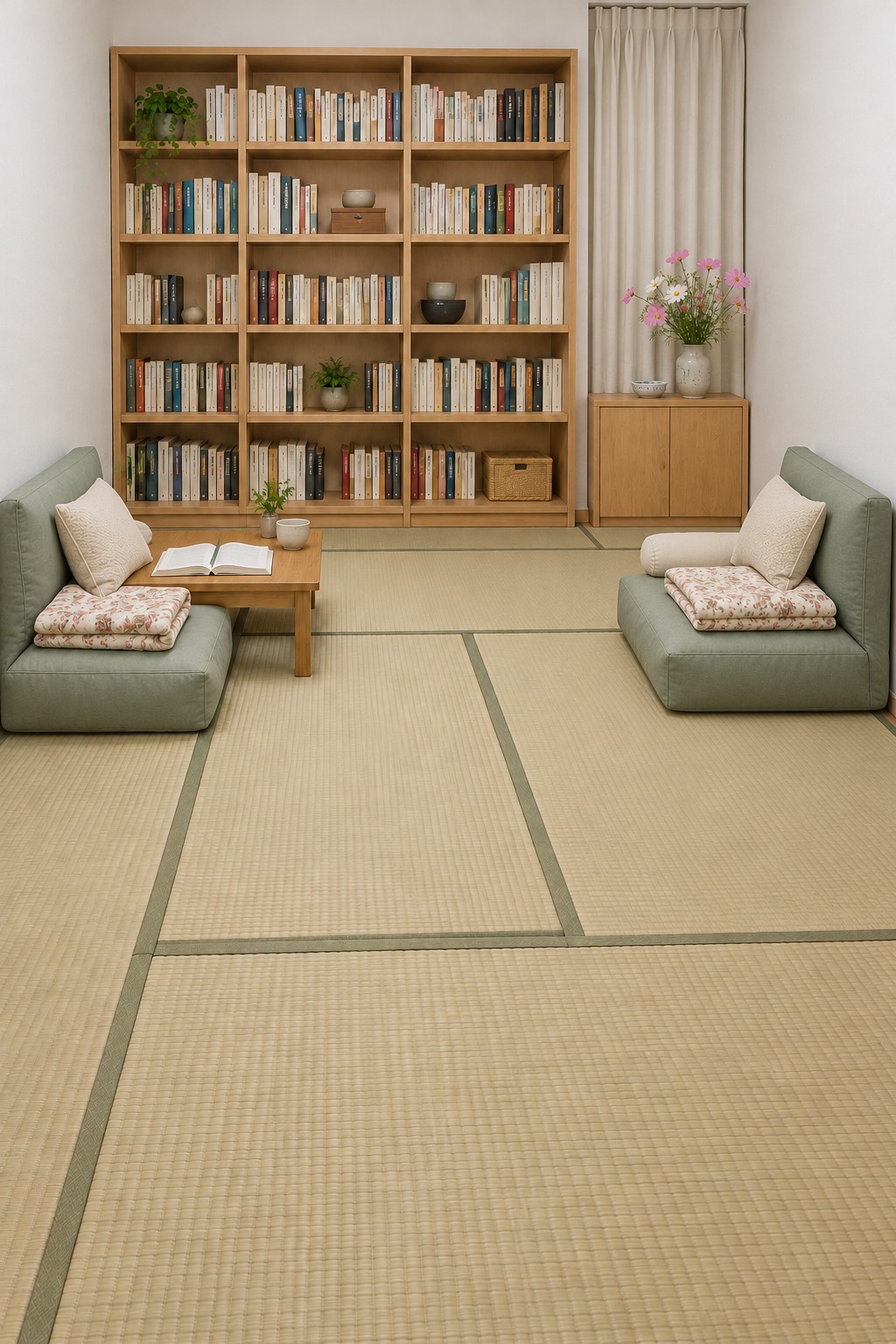 Two sage floor chairs with a low wooden table on tatami style mats in front of a natural wood bookcase