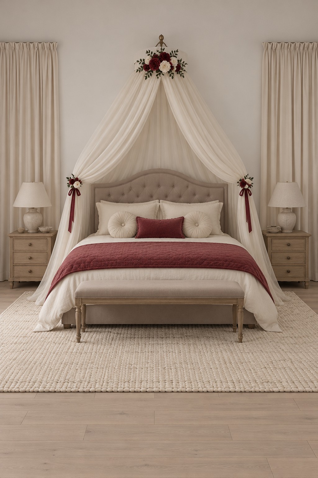 Taupe upholstered bed beneath an ivory draped canopy with floral accents, a rose throw, and a woven rug