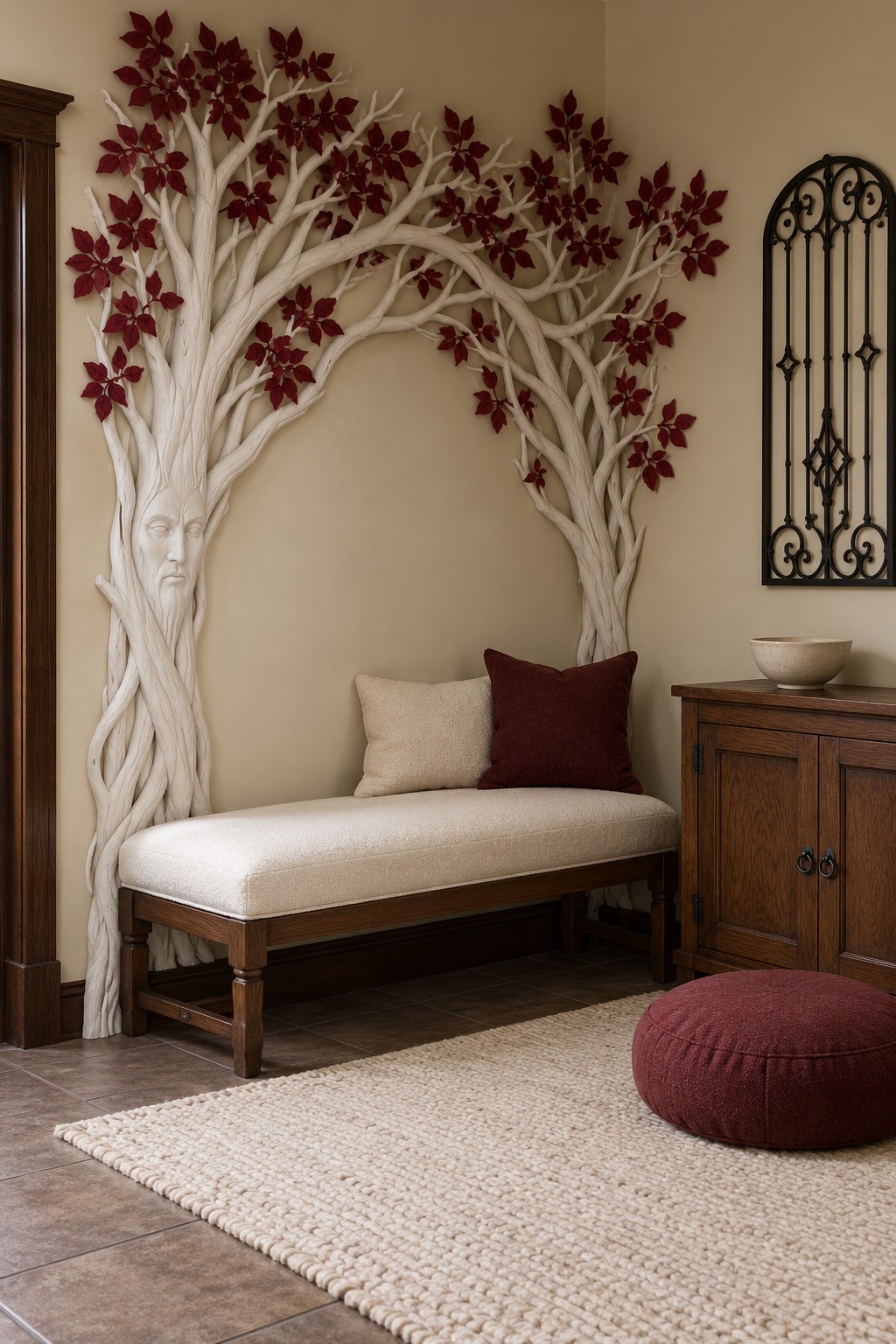 Cream upholstered bench beneath a white tree arch with a carved face and burgundy leaves, beside a wooden cabinet