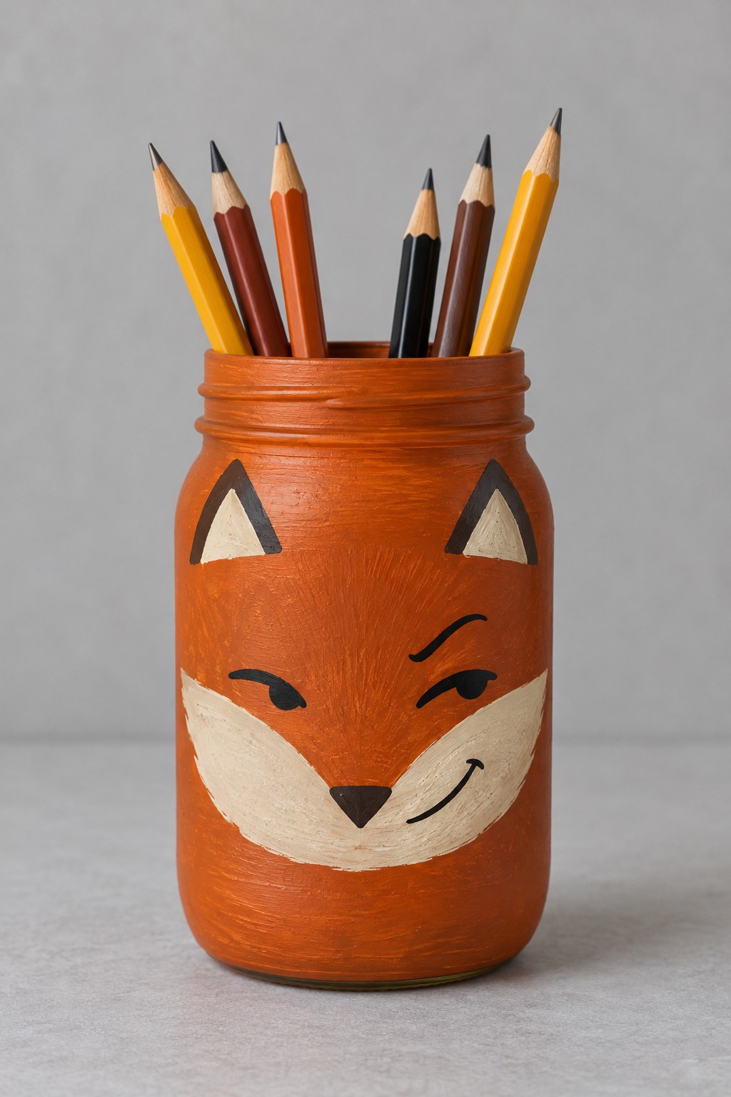 Orange jar with painted triangular fox ears cream muzzle narrow eyes and a black nose holding pencils