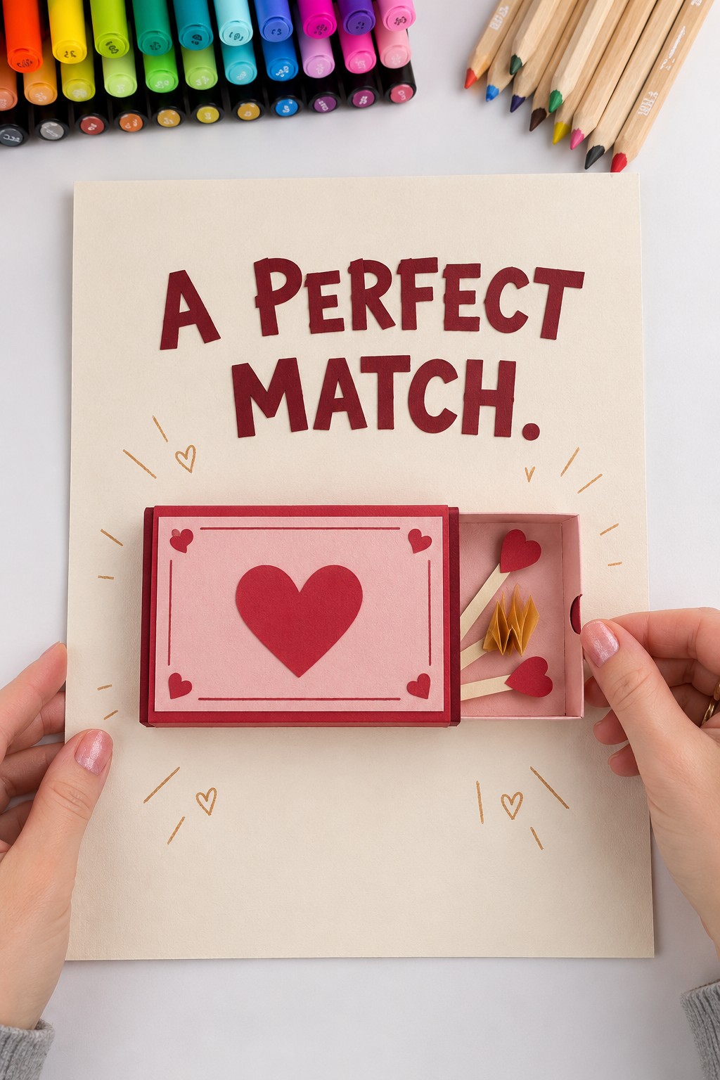 Ivory A Perfect Match poster with a pink and burgundy sliding paper matchbox holding heart decorations