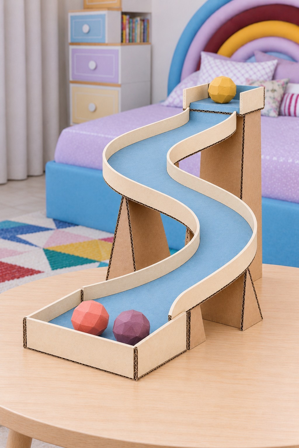 Blue S shaped cardboard ball track on tall supports with cream rails and a collection tray