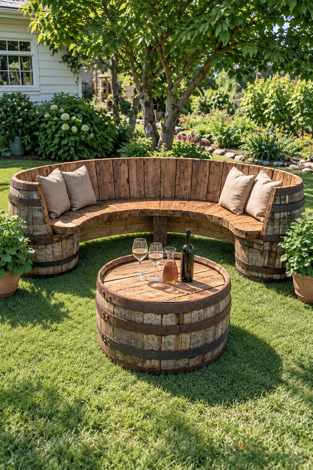 A Curved Garden Bench with a Matching Barrel Table