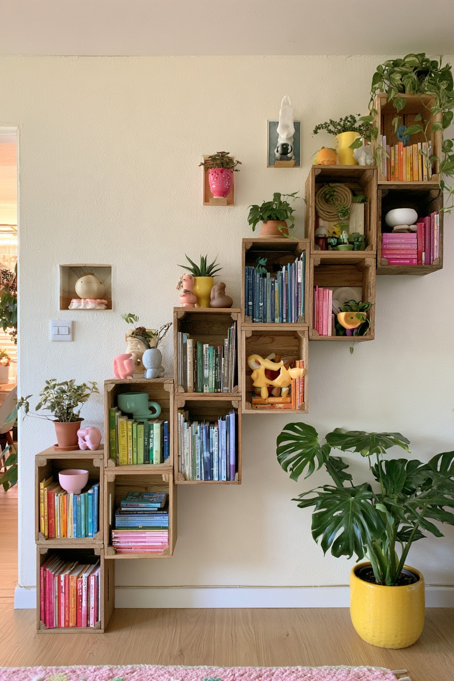 Wooden crate shelves rising in a staircase pattern with books