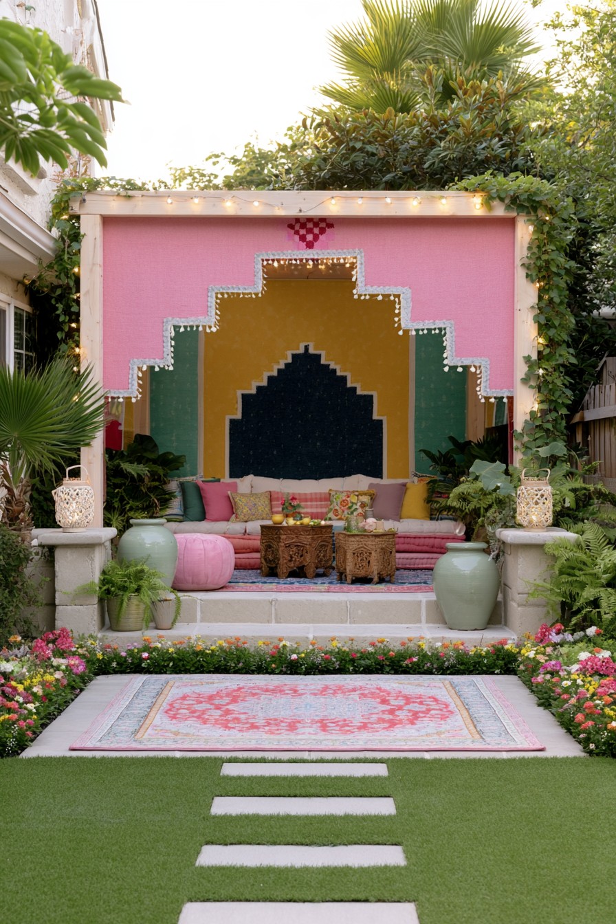 Low garden lounge seating before a colorful stepped backdrop with pots beside the entry