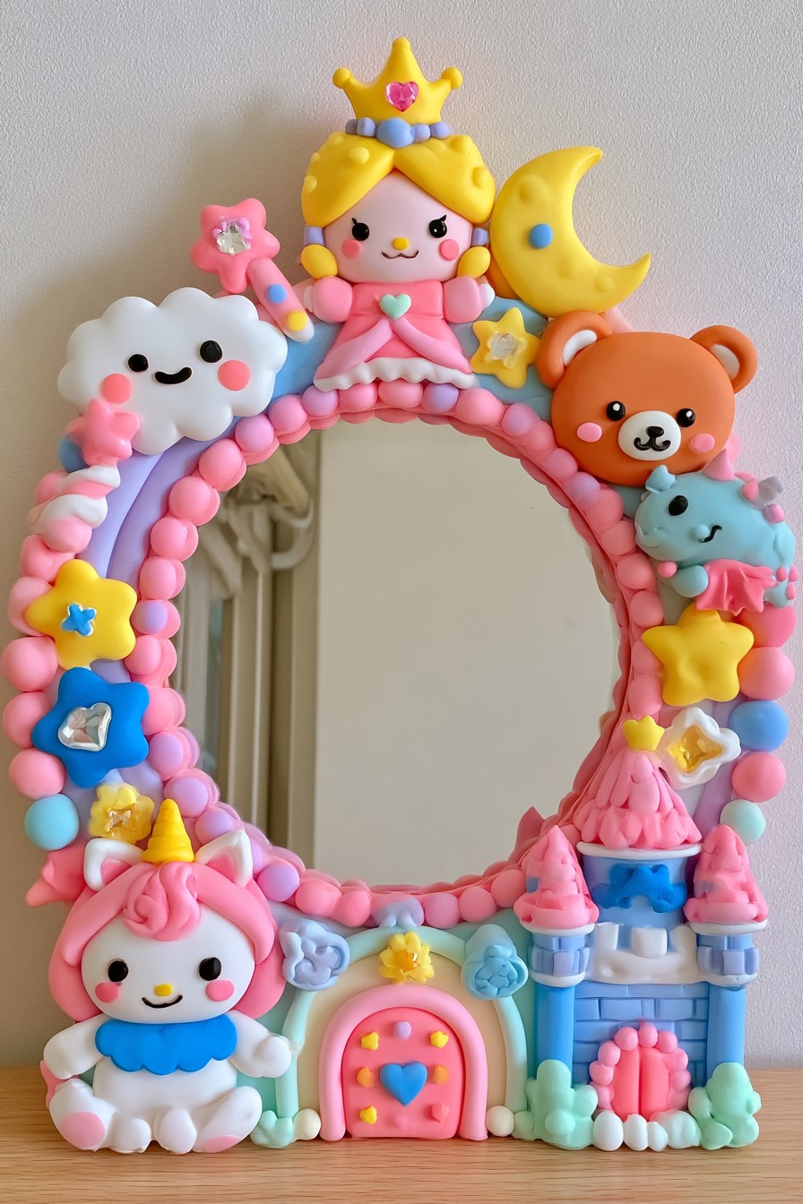 Round pink mirror surrounded by a crowned character, crescent moon, clouds, animals, and a castle