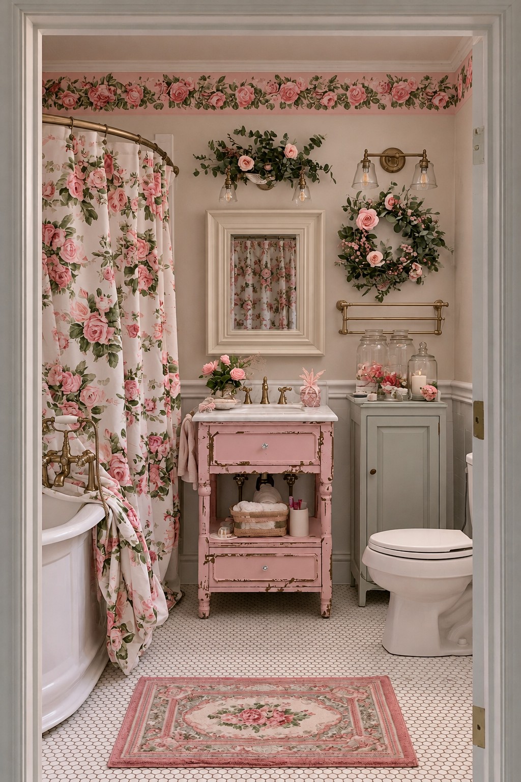 Distressed pink vanity beside a gray storage cabinet with rose print bath curtains and a floral wreath