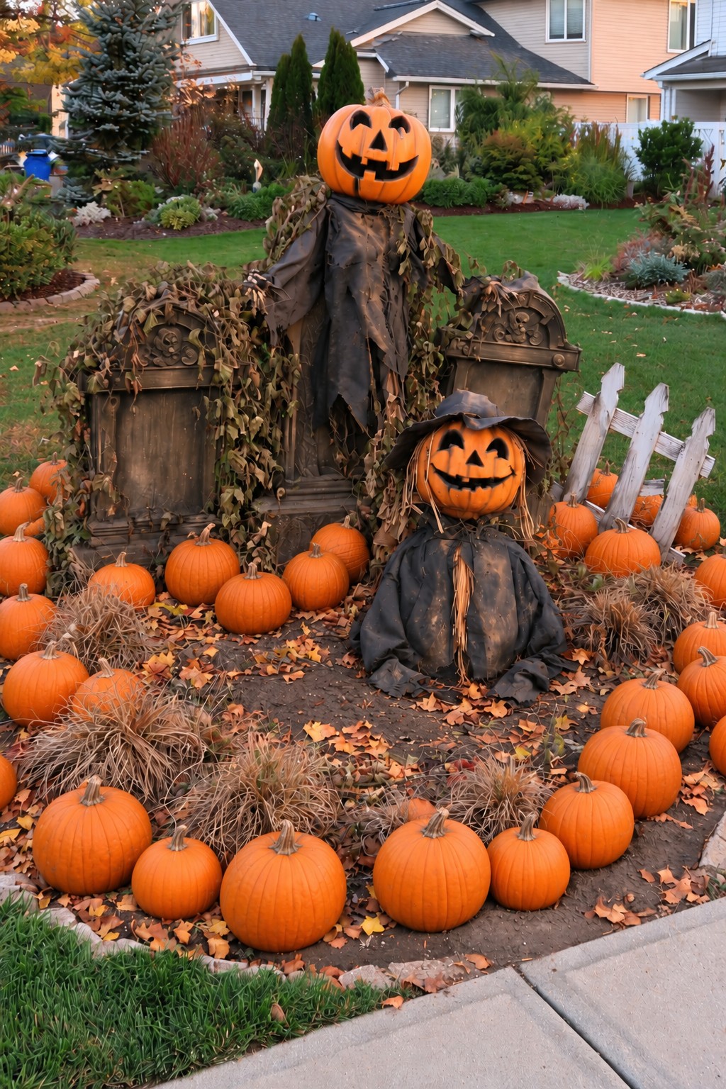 Two pumpkin-headed scarecrow figures among orange pumpkins and weathered grave markers