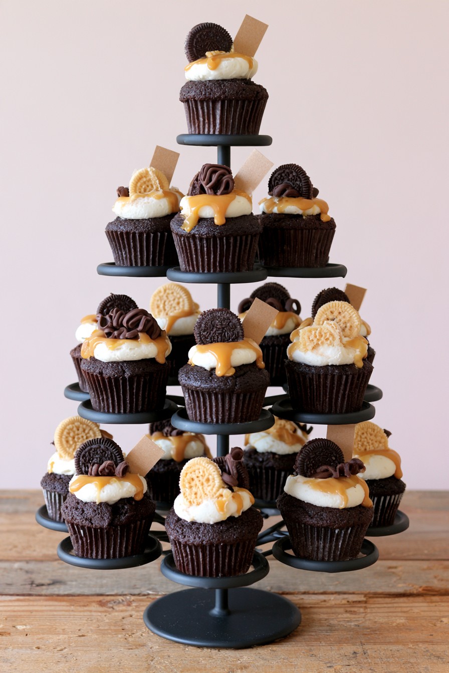 Black metal industrial cupcake stand on a dessert table