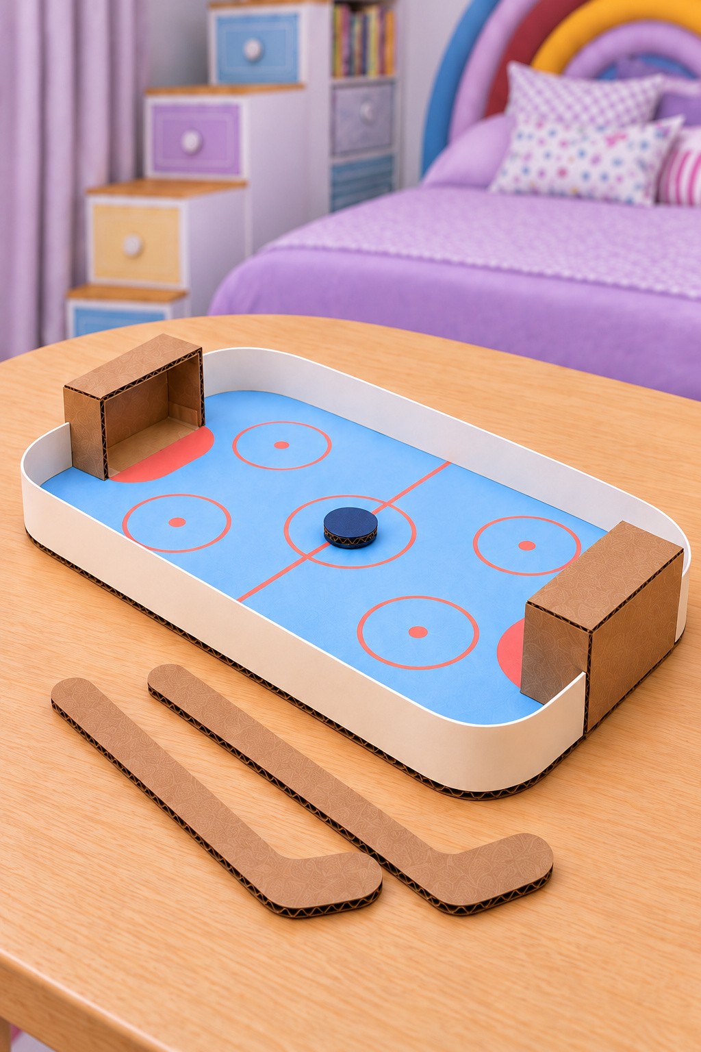 Homemade cardboard hockey rink with blue ice, coral markings, two open goals, two sticks and a navy puck