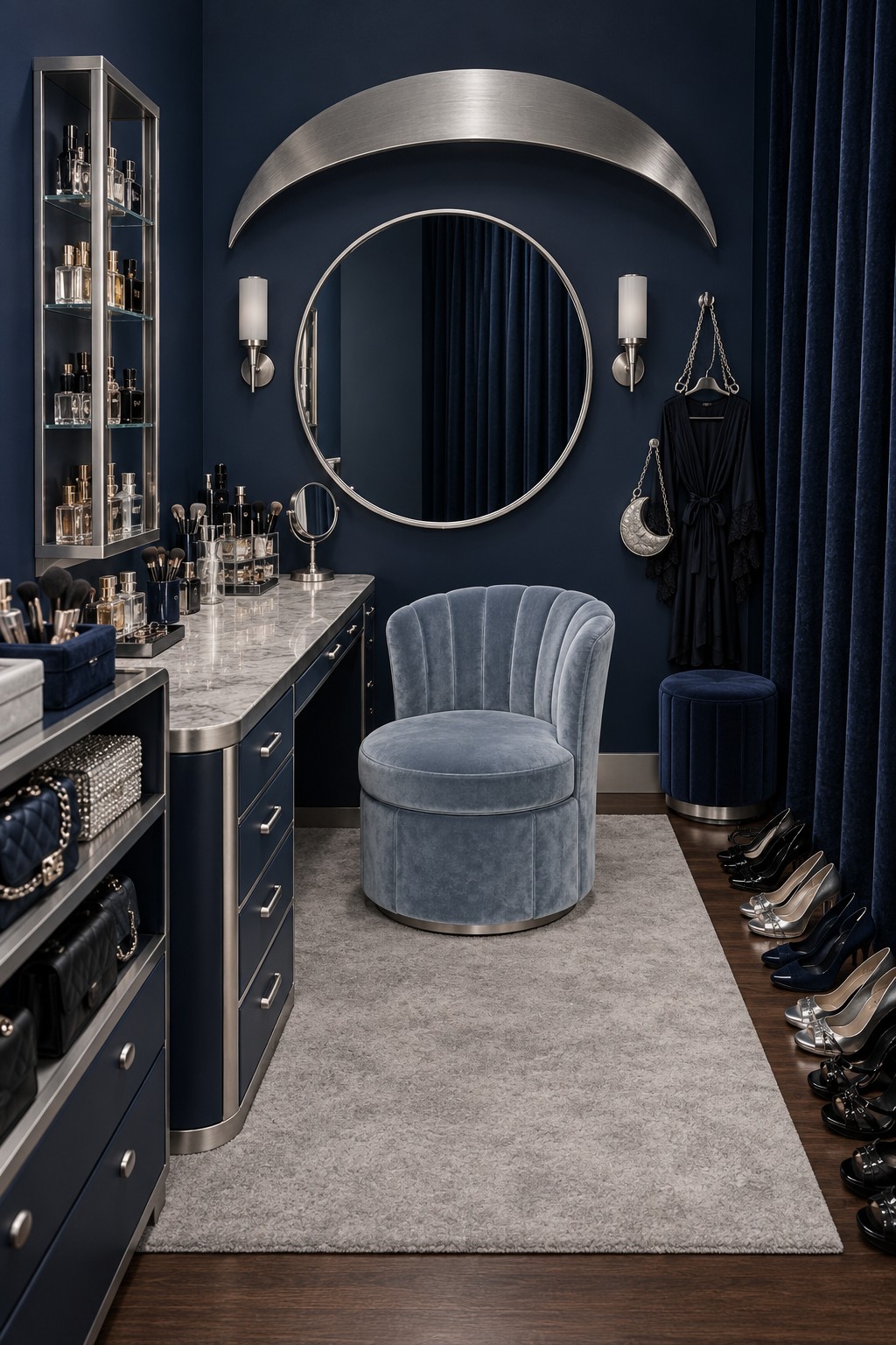 Midnight blue dressing room with a silver crescent above a round mirror, side vanity, and blue swivel chair