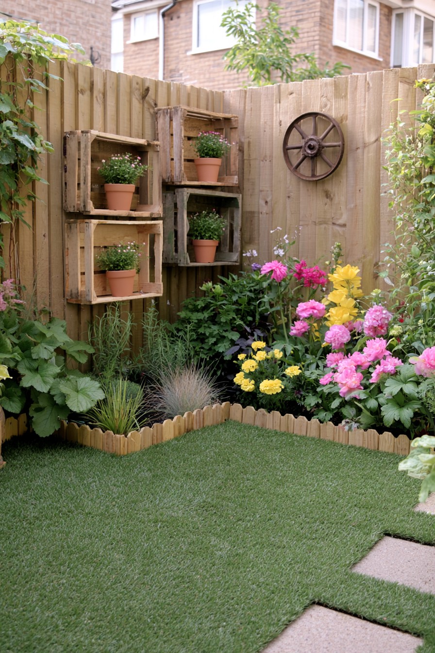Wooden crate shelves holding terracotta pots above an L-shaped flower border