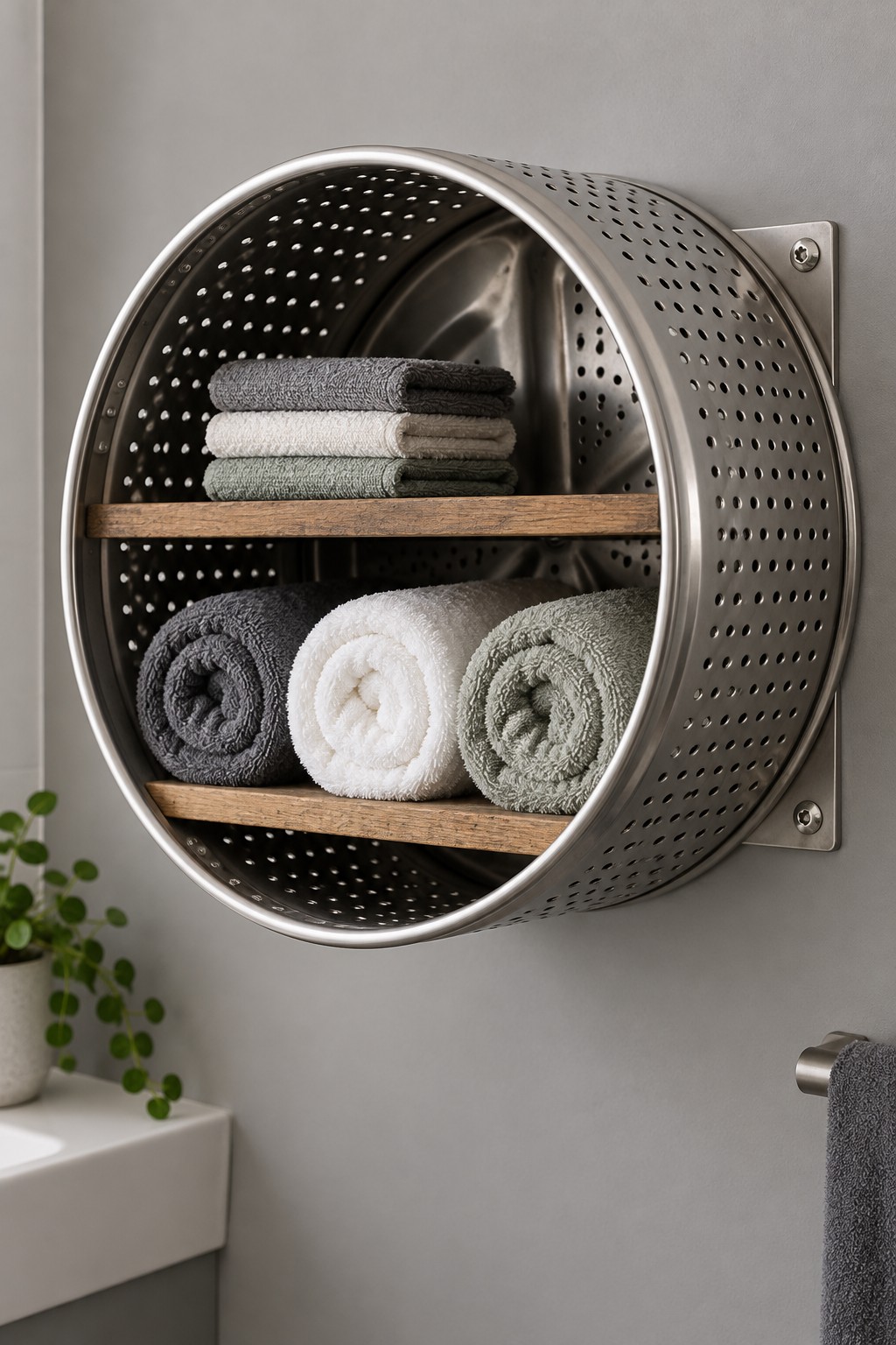 Stainless steel washing machine drum mounted on a bathroom wall with two wooden shelves holding folded and rolled towels