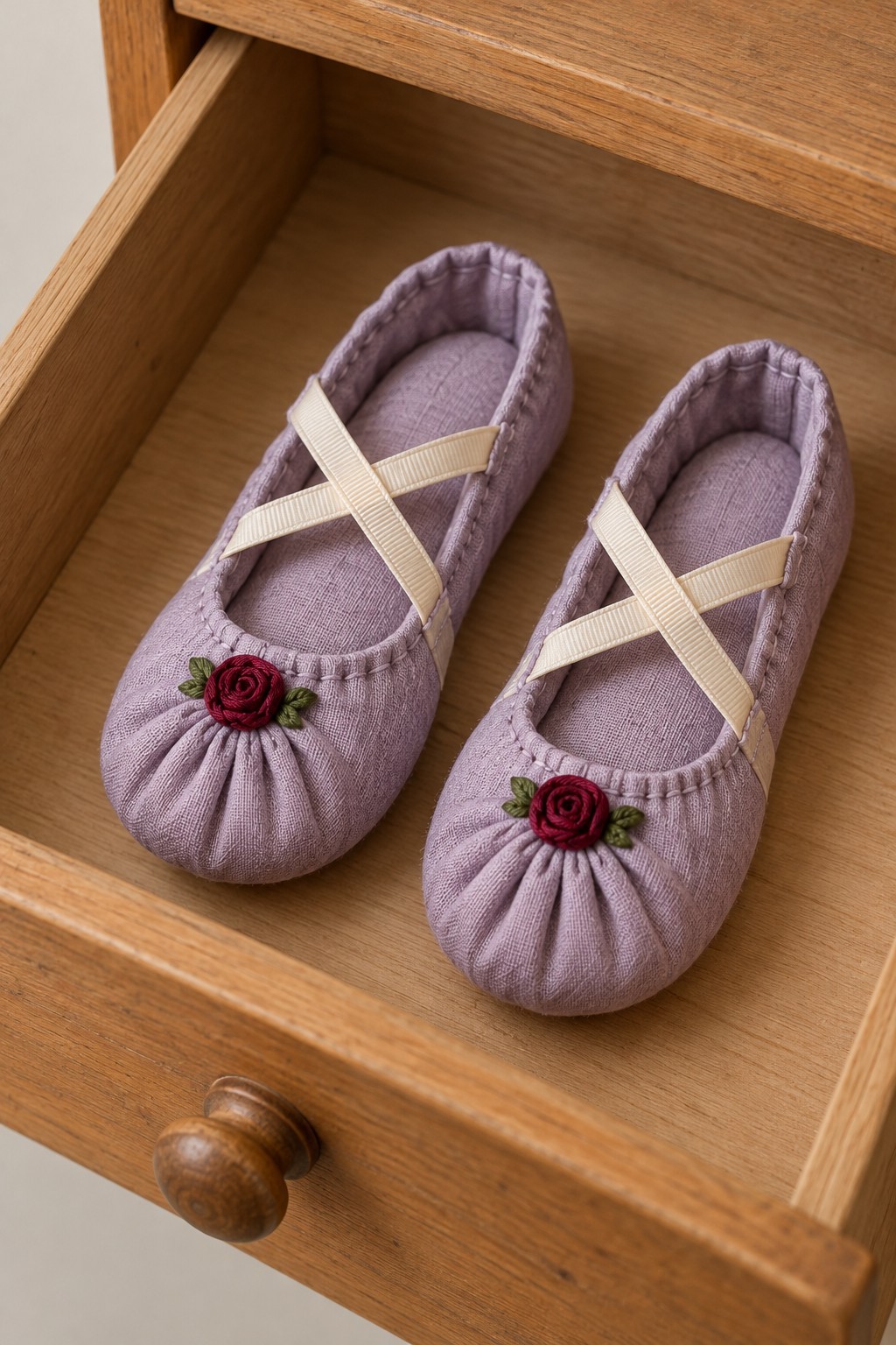 Lavender ballet slipper sachets with crossed cream ribbons and small red roses