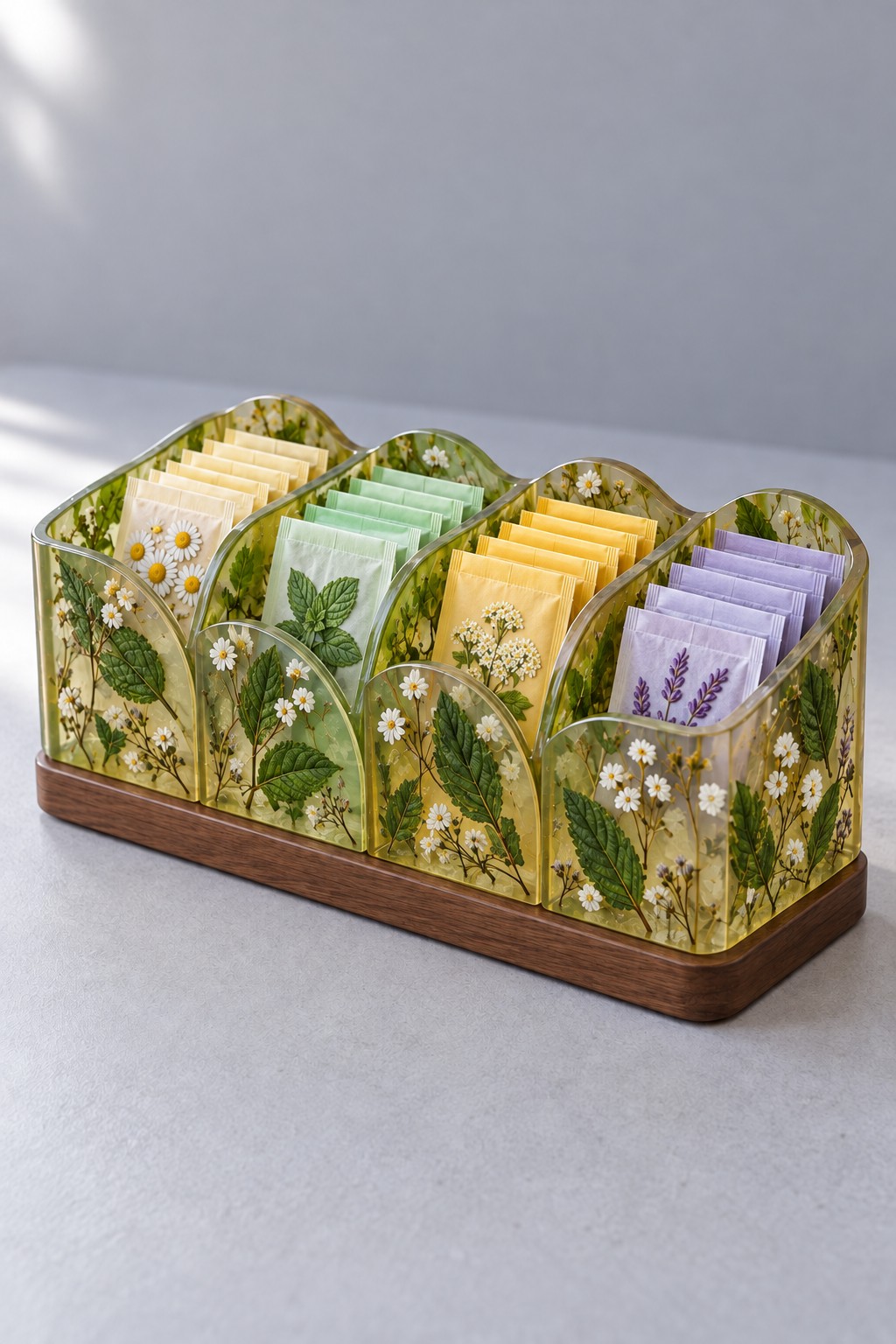 A four compartment botanical resin tea sachet organizer with white daisies, green leaves and a wooden base.