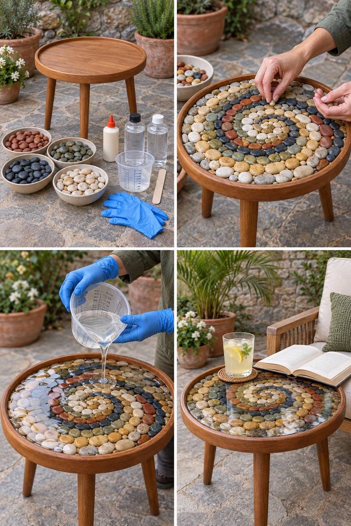 A round rimmed side table filled with a colored pebble spiral beneath a clear resin surface