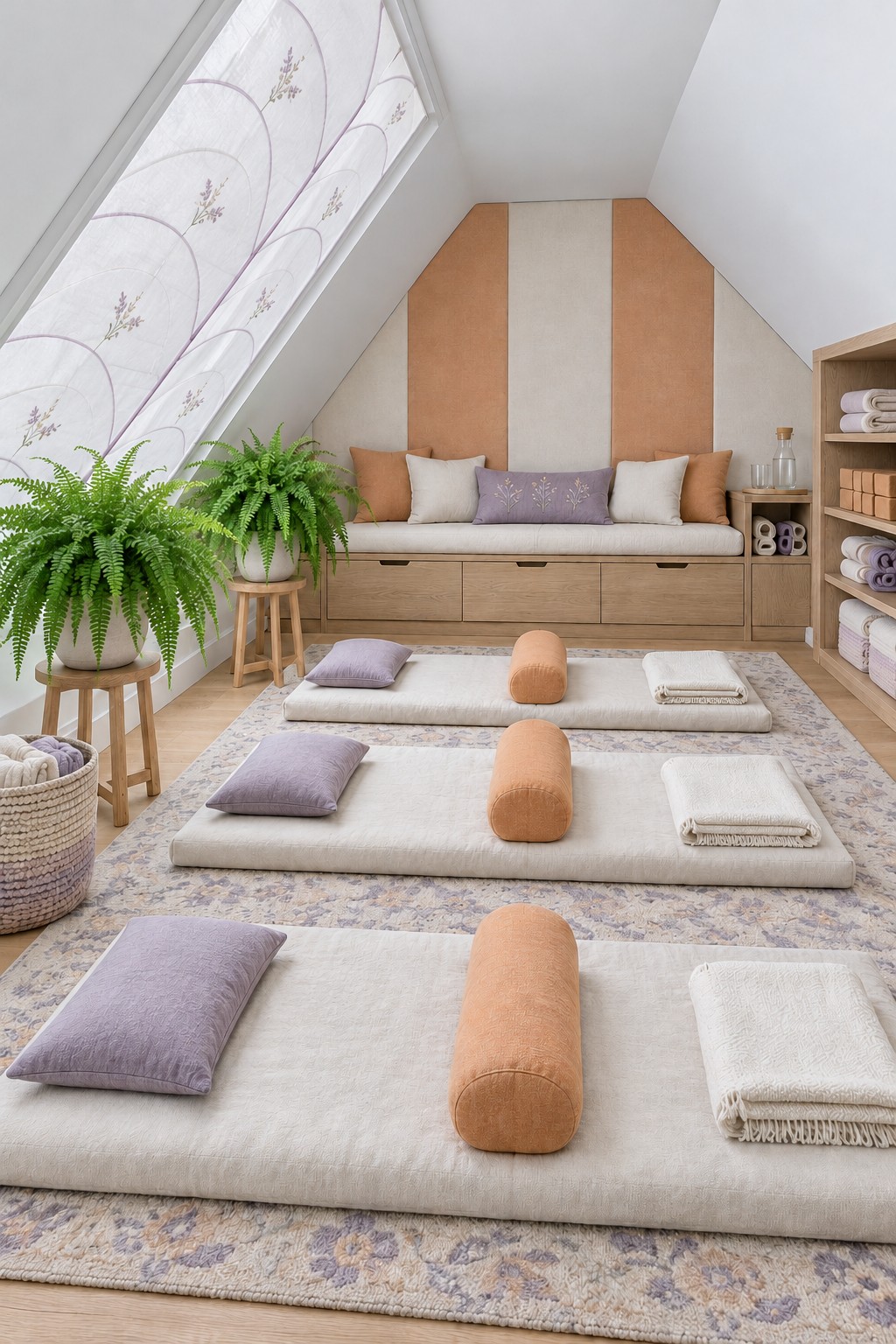 Three cream floor mats with lavender pillows and apricot bolsters beside ferns and a low storage bench