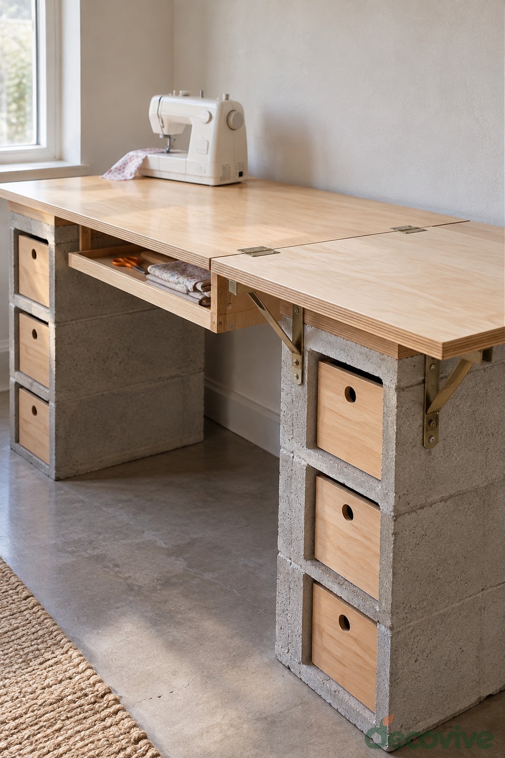 Concrete block sewing desk with wooden drawers and an extended folding work surface