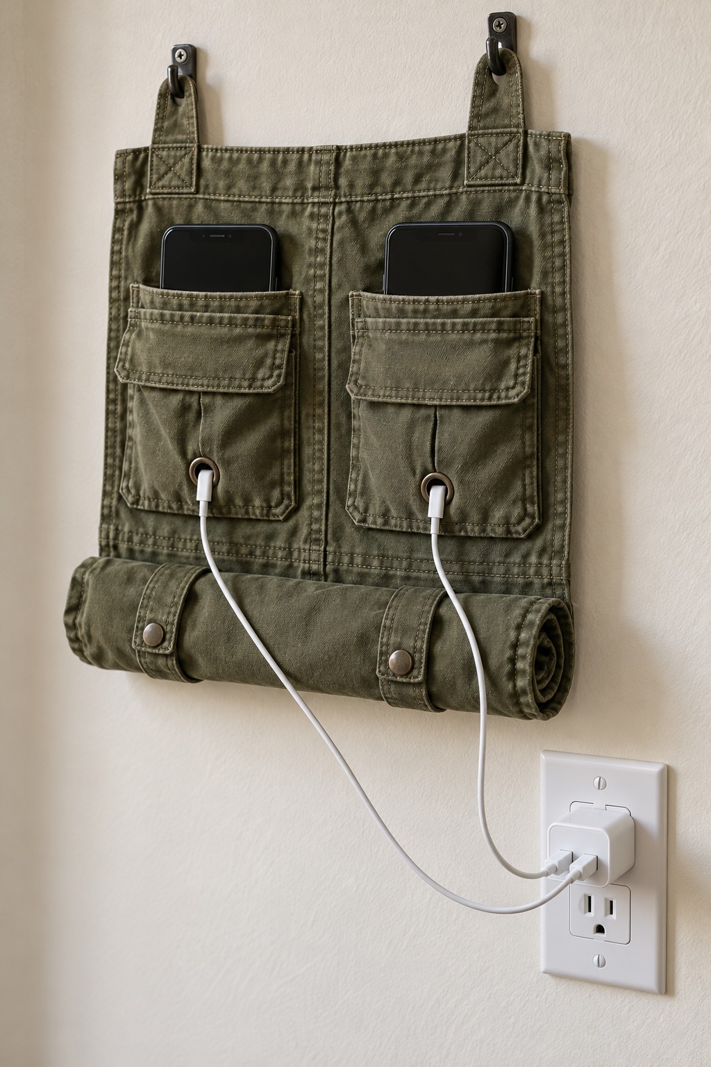 Olive wall organizer with two phone pockets and charging cables passing through eyelets
