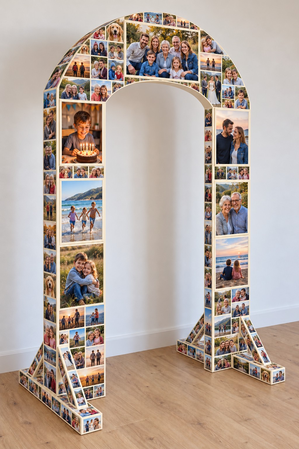 Large freestanding arch with a dense family photo collage on its curved top uprights and braced feet