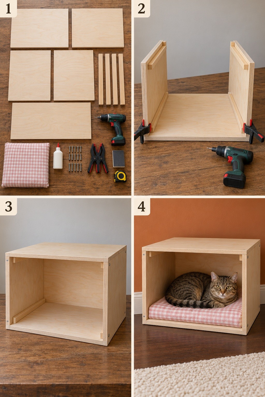 Illustrated assembly sequence for a low wooden cat sleeping cubby
