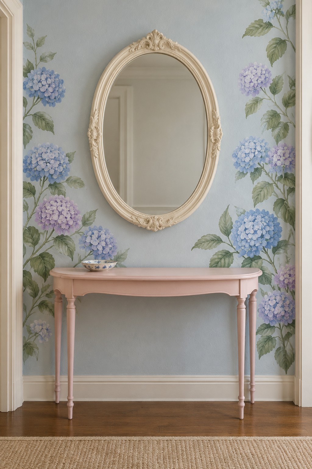 Cream oval mirror above a pink console, surrounded by blue and lilac hydrangea wall decoration