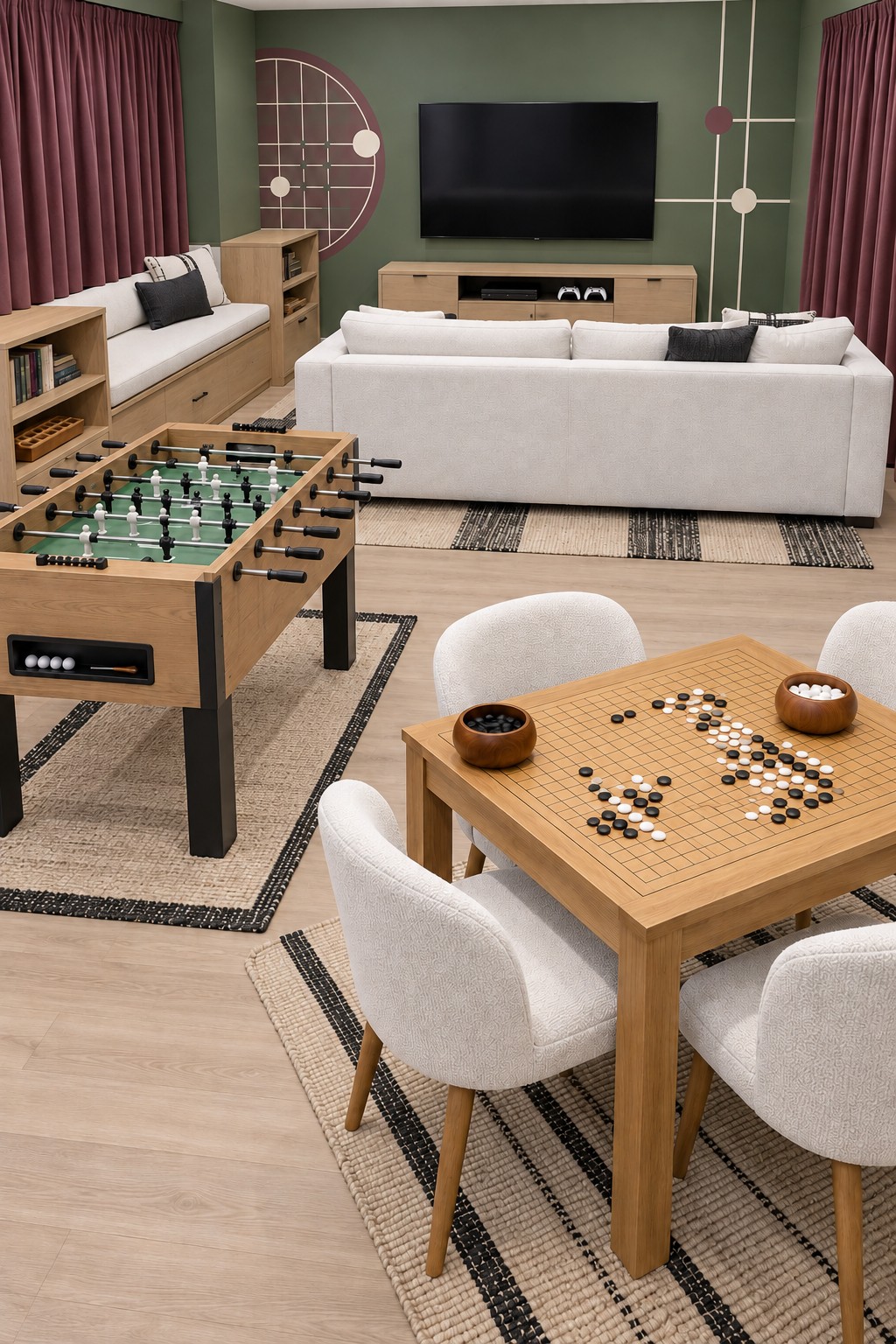 Sage basement game room with a Go table, wooden foosball table, white sofa, and burgundy curtains