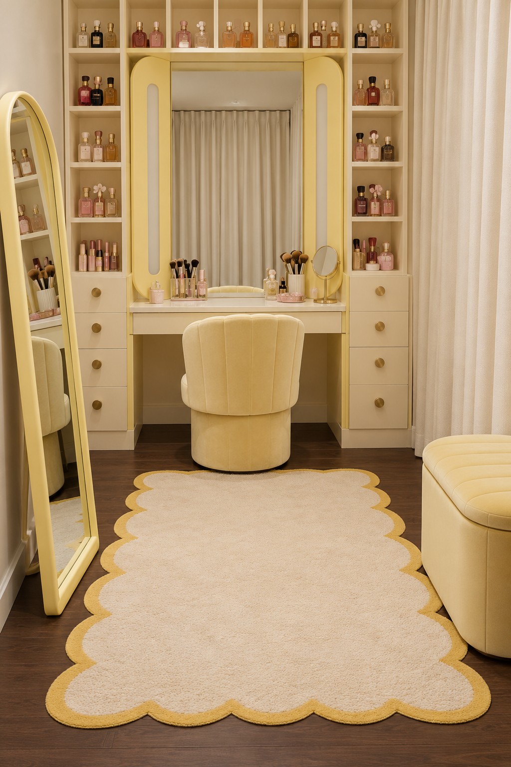Butter yellow vanity with surrounding bottle shelves, matching chair, leaning mirror, and scalloped cream rug