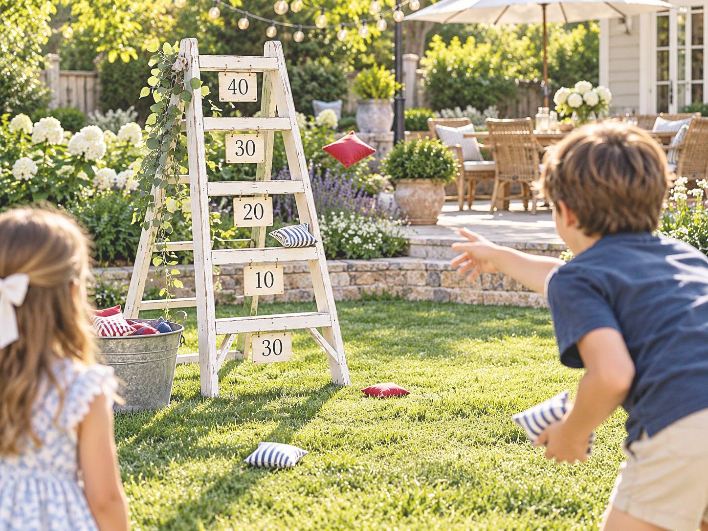 Child throwing a beanbag toward a ladder-shaped frame with hanging score labels
