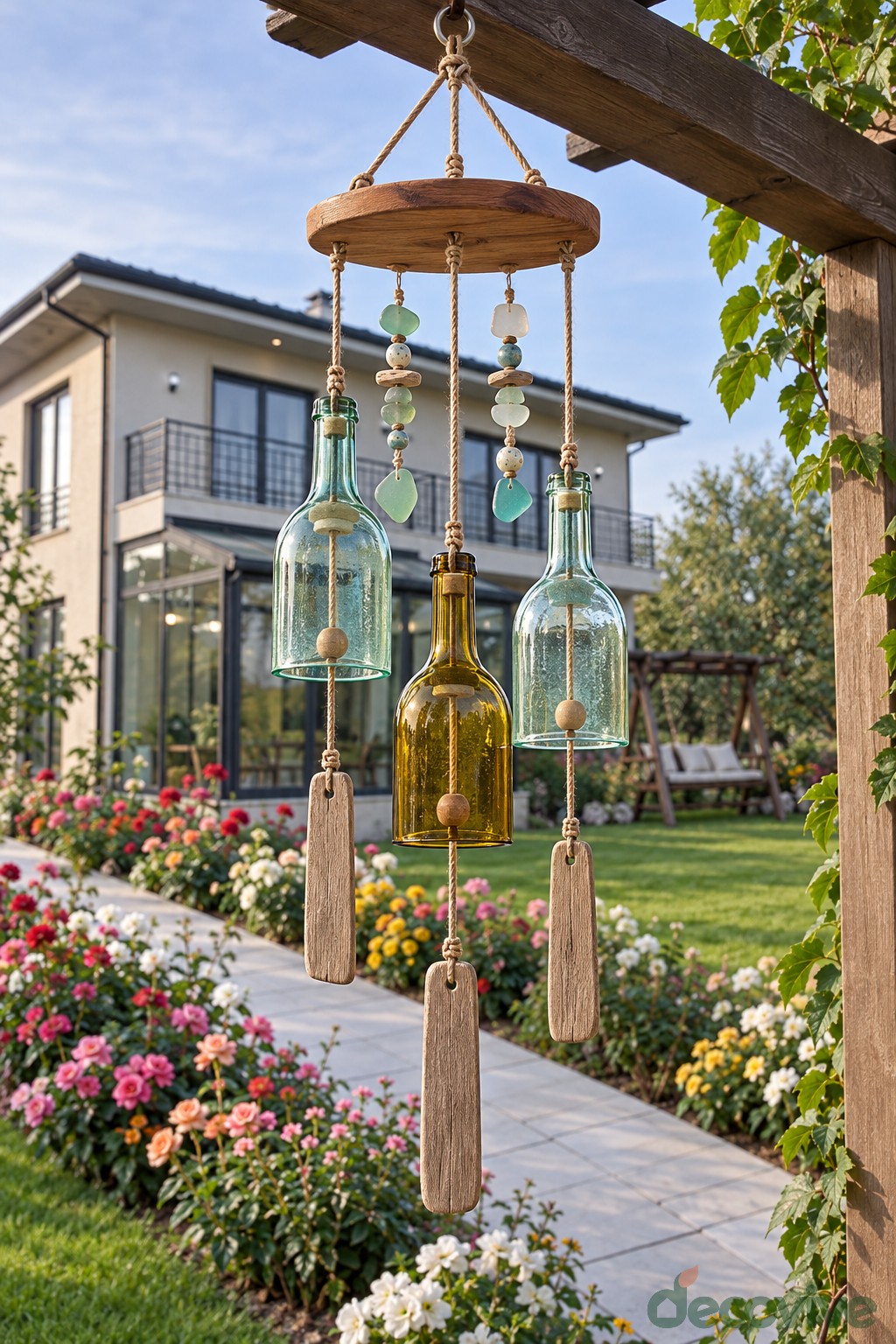 Three hanging wine bottles beneath a round wooden canopy with a wooden wind catcher