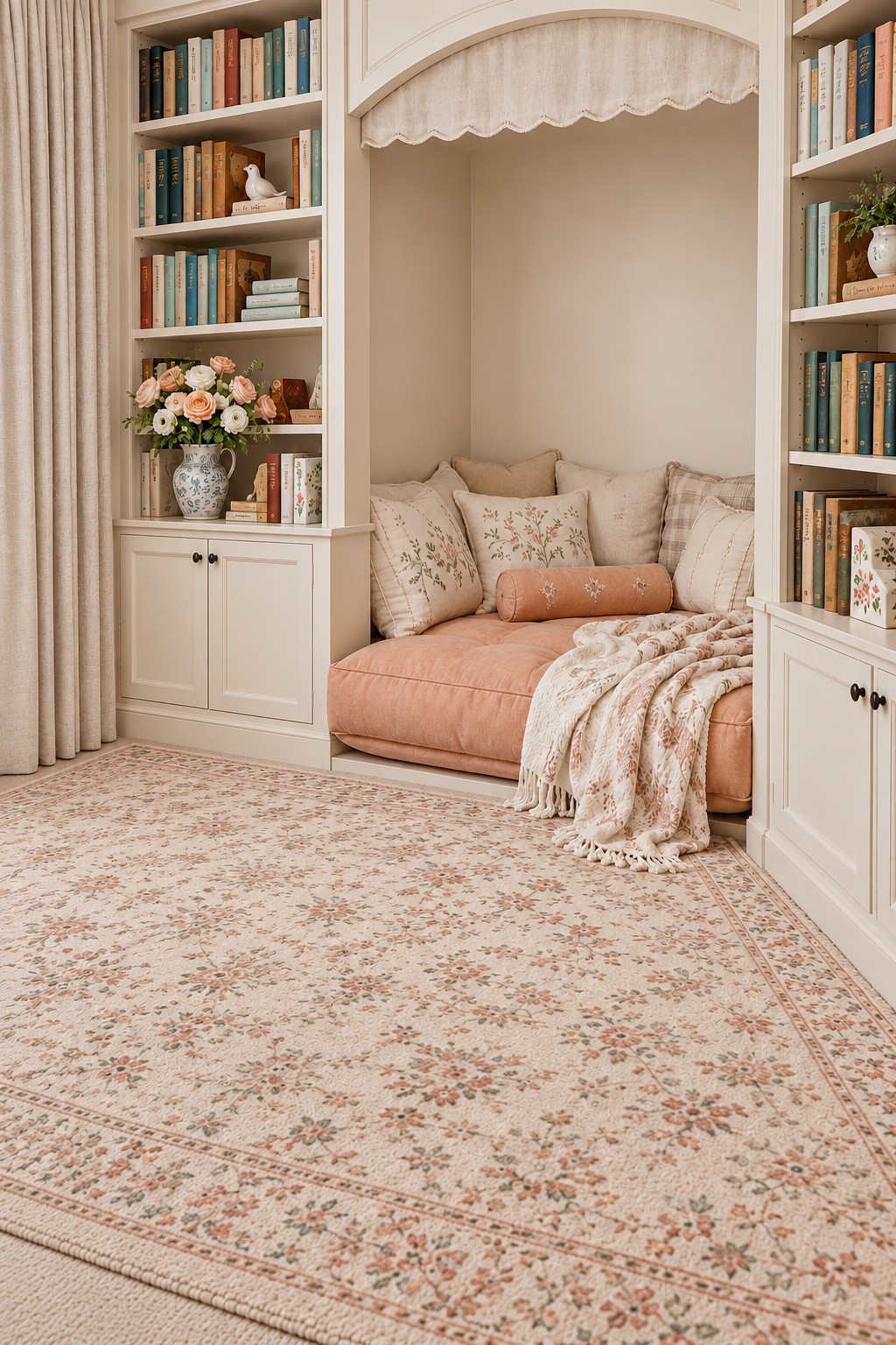 Peach cushioned reading daybed inside a cream arch with a scalloped fabric valance and surrounding bookcases