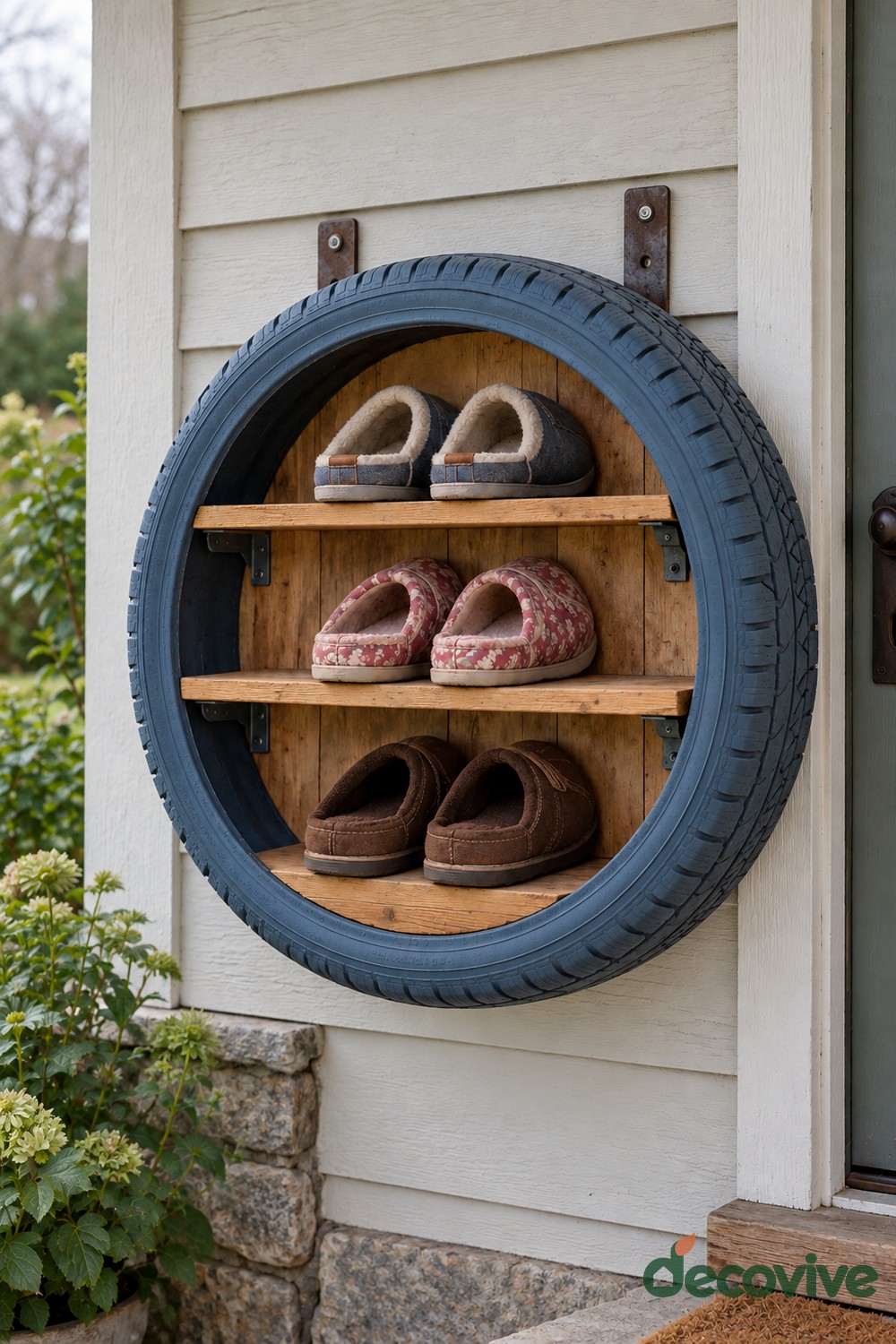 Blue upright tire shoe rack with a wooden back and three levels holding gray, pink, and brown slippers