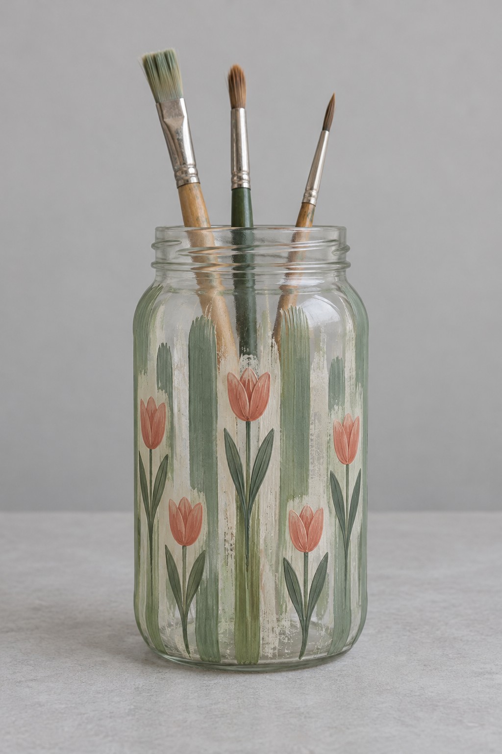 Clear tall jar with loosely painted sage green vertical stripes and pink tulips holding paintbrushes