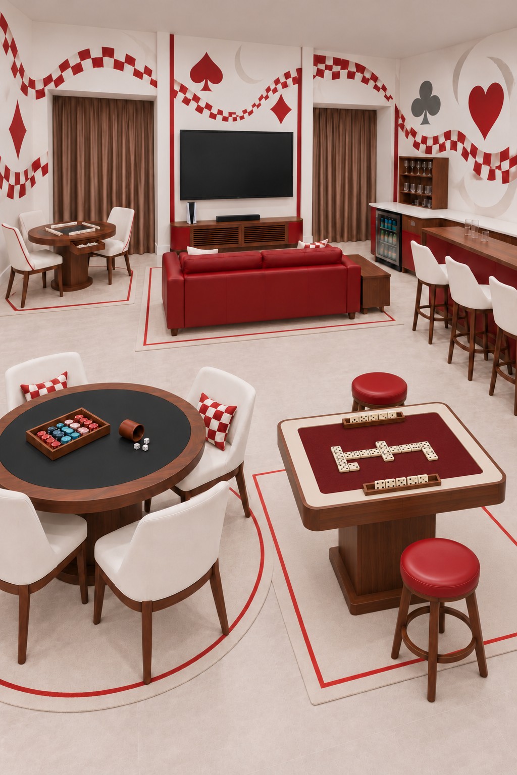 Red and cream basement with playing card wall motifs, a round card table, domino table with opposite stools, and red sofa