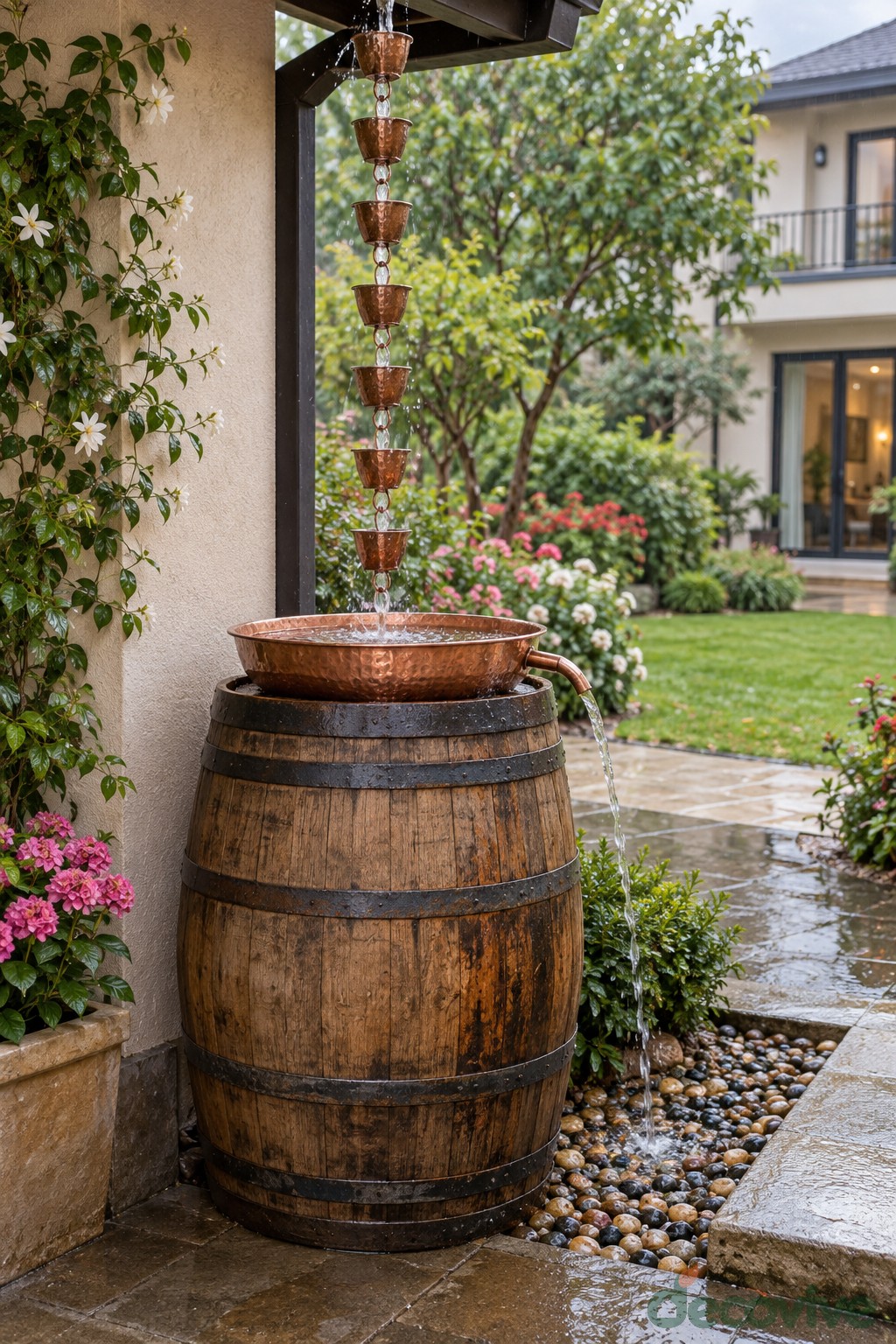A Rain Chain Catch Basin on a Barrel Base