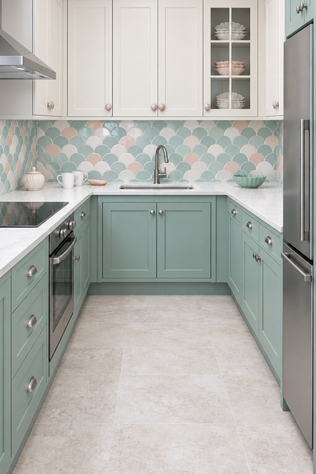Mint green kitchen cabinets beneath a scalloped tile backsplash in pale aqua, white, and blush pink
