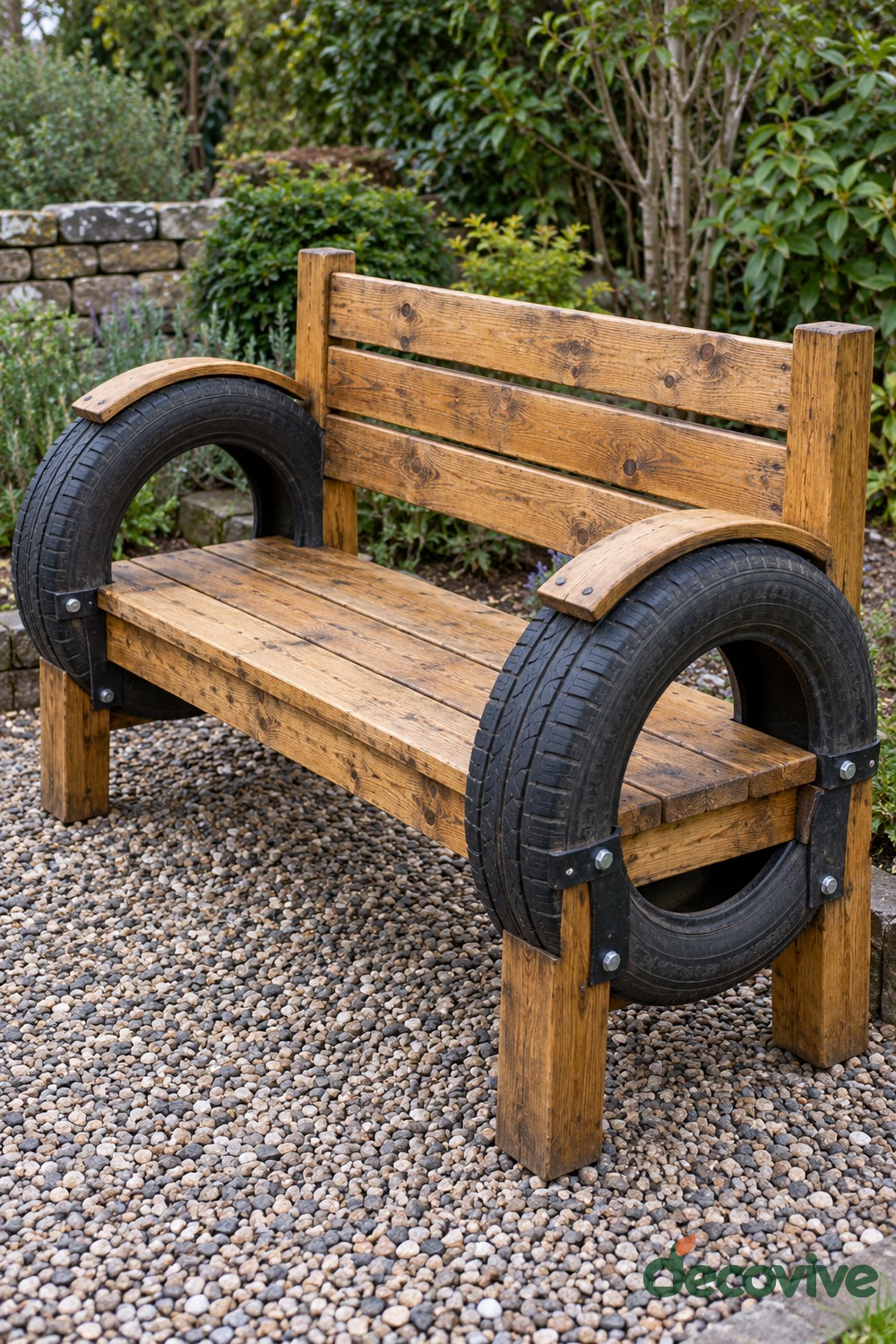 Rustic wooden garden bench with a slatted back, four timber legs, and black upright tire rings beneath curved wooden armrest caps