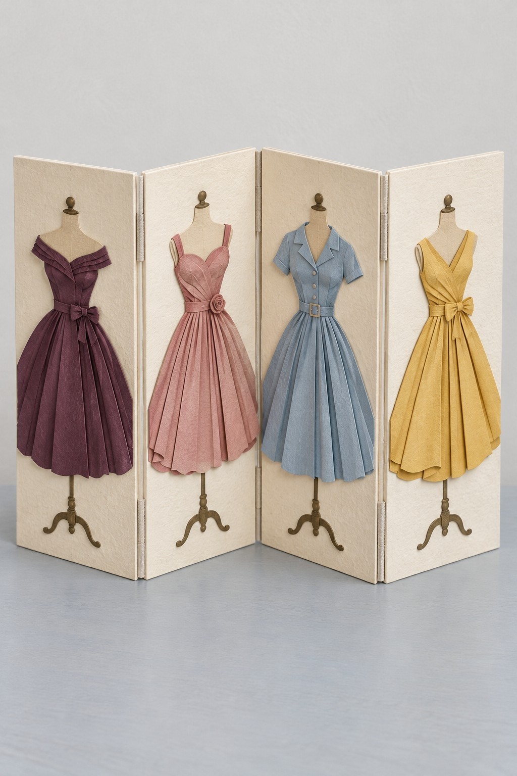 Four panel folding screen decorated with purple, pink, blue and yellow cocktail dresses
